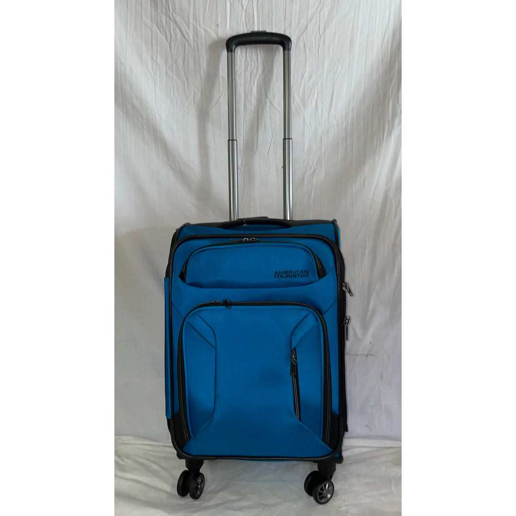 american tourister zoom carry on spinner - teal blue